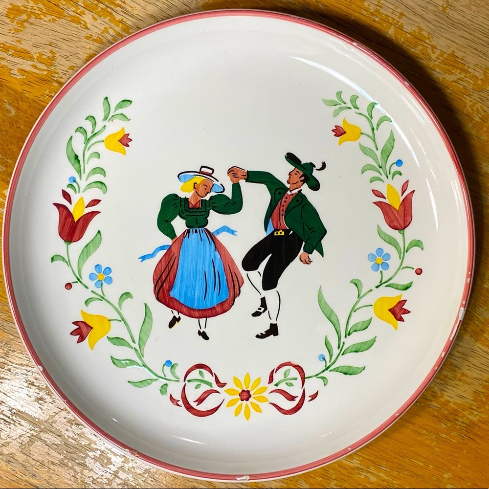 Western Germany Folk Art Plate with Dancers. Vintage Hand Painted. 8.25” Width